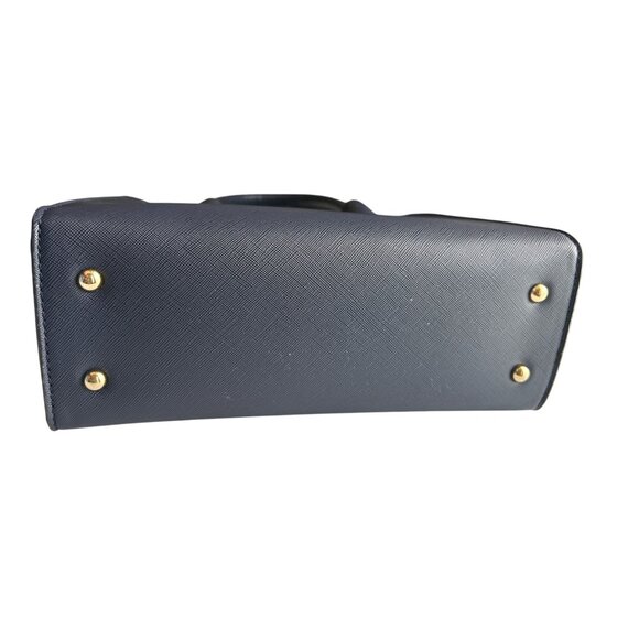 Small Navy Faux Leather Blue Handbag With Gold Accents & Double Handles Classy - Picture 5 of 9